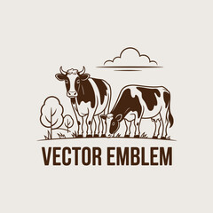 This image depicts two cows grazing peacefully in a scenic farm setting, surrounded by trees and open fields, illustrating the serene beauty of pastoral life and agriculture.