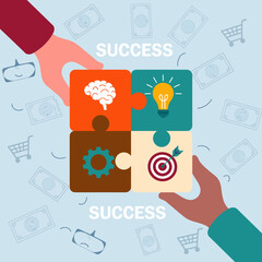 An illustrative representation of success through a teamwork puzzle concept, focusing on key elements like creativity and collaboration emphasized by hands joining pieces.