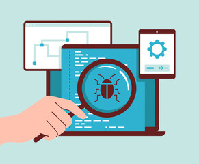 A hand holds a magnifying glass over code on a computer display, illustrating the intricate process of bug detection and resolution in the software development life cycle.