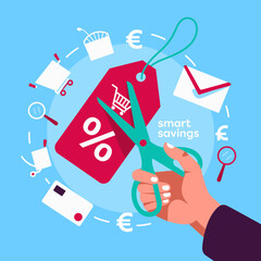 An illustrative image depicting scissors cutting a discount tag with financial symbols, representing the action and strategy of saving money through promotions.