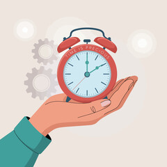 An illustration of a hand holding a red alarm clock featuring the phrase 'Time is Precious', encapsulating the value of time in our fast-paced lives and decision-making.