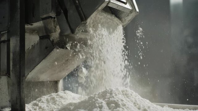 A machine pouring a large quantity of white powder into a pile in an industrial setting indoors