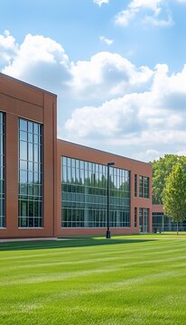 Exterior of a modern red bick high school building wth large windows and a gren grass lawn in front, in he background is a blue sk with white clouds