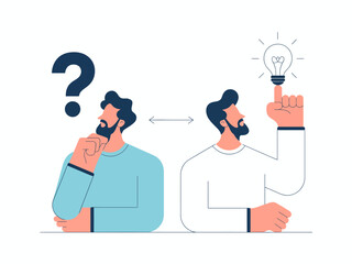 This graphic illustrates a person in contemplation, balancing between confusion and inspired thought, symbolizing the journey toward discovering innovative ideas and insights.