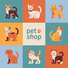 Fototapeta premium A charming illustration featuring playful cats and dogs in different poses, perfect for a pet-related business or promotion focusing on love and joy with pets.