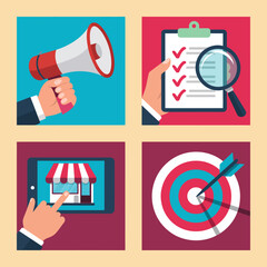 This visual features essential business tools including a megaphone, checklist, digital store interface, and a target, representing effective communication and planning.