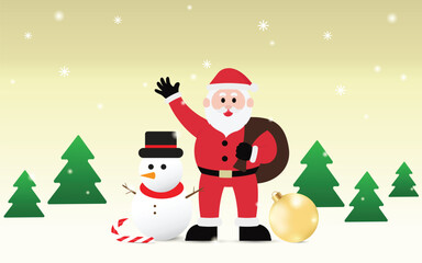 Merry Christmas and happy new year character of Santa claus, snowman, bauble, candy and pine tree elements for festival, Vector illustration.