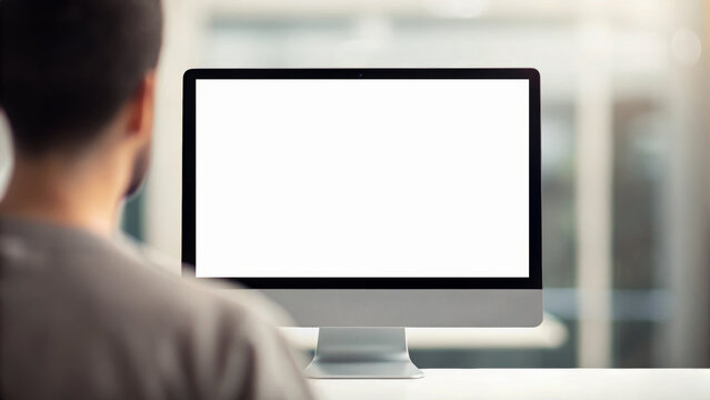 Upcoming new year business goal change office computer monitor with blank screen and person working focused in modern workspace
