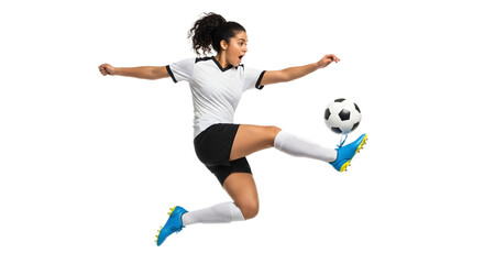 Soccer Player Kicking Ball Mid-Air Action Sports Studio White Background Side View