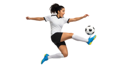 Soccer Player Kicking Ball Mid-Air Action Sports Studio White Background Side View