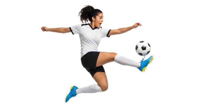 Soccer Player Kicking Ball Mid-Air Action Sports Studio White Background Side View