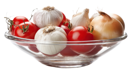 Glass bowl with fresh onions, garlic bulbs and ripe tomatoes with kitchen tools Transparent background, PNG file