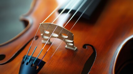 Close-up cello bridge, strings, and wood grain, neutral background