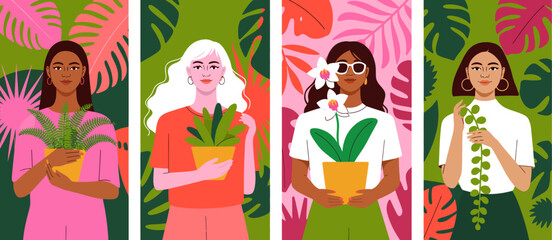 A beautiful illustration displaying four women holding various indoor plants, emphasizing the importance of nature, beauty, and personal expression in a modern context.
