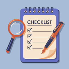 A vibrant illustration featuring a checklist, magnifying glass, and pen, perfect for emphasizing organization, planning, and attention to detail in various projects and tasks.