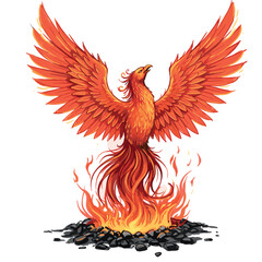 Obraz premium Vibrant red and orange phoenix with outstretched wings rises triumphantly from a bed of glowing flames and coals. Vector illustration