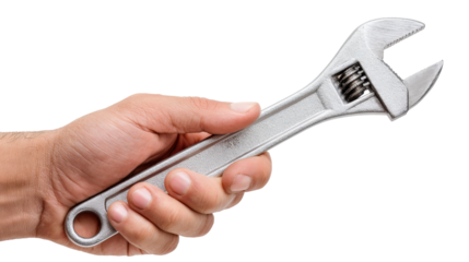Hand holding adjustable wrench Transparent background, PNG file