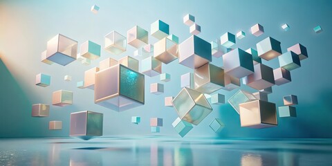 Abstract pastel cubes floating in a serene environment, a visual representation of interconnectedness and innovation