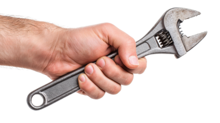 Hand holding adjustable wrench Transparent background, PNG file