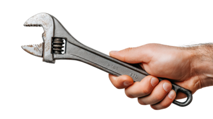 Hand holding adjustable wrench Transparent background, PNG file