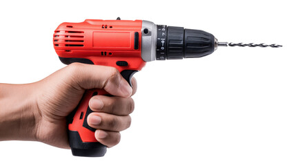 Hand holding electric drill with drill bit Transparent background, PNG file