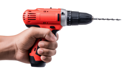 Hand holding electric drill with drill bit Transparent background, PNG file