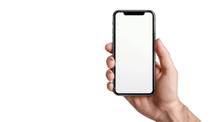 Hand holding phone with blank screen mockup Transparent background, PNG file
