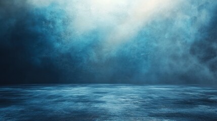 Fototapeta premium Dark, moody indoor scene with a concrete floor, shrouded in swirling, ethereal blue clouds