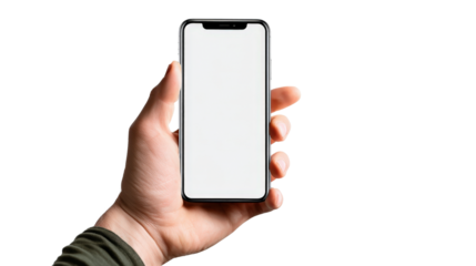 Hand holding phone with blank screen mockup Transparent background, PNG file
