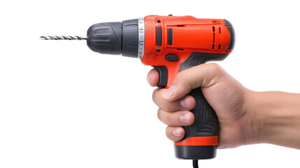 Hand holding electric drill with drill bit Transparent background, PNG file