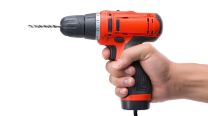 Hand holding electric drill with drill bit Transparent background, PNG file