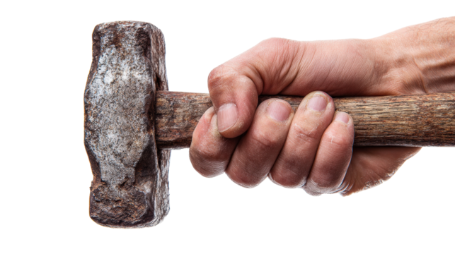 Hand gripping hammer with force Transparent background, PNG file