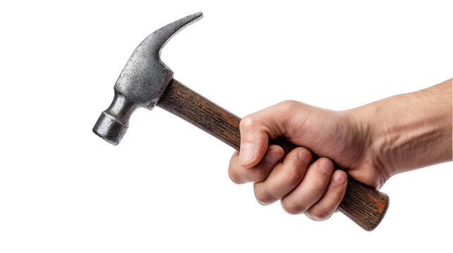 Hand holding hammer hitting nail Transparent background, PNG file