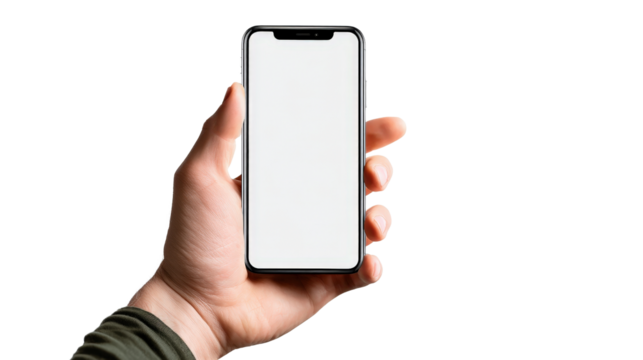 Hand holding phone with blank screen mockup Transparent background, PNG file