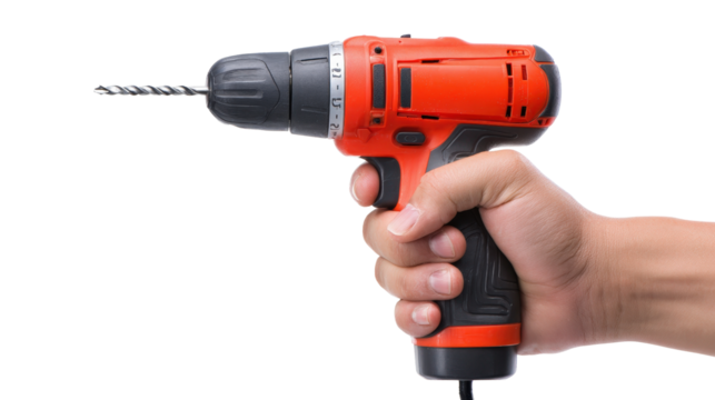 Hand holding electric drill with drill bit Transparent background, PNG file