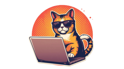 A cool calico cat wearing sunglasses diligently working on a laptop, a humorous and stylish pop art illustration concept for remote work and online culture