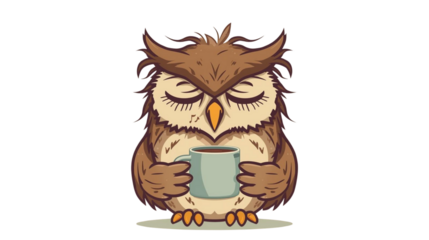 Cartoon owl holding a mug of coffee with closed eyes, a symbol of relaxation and morning