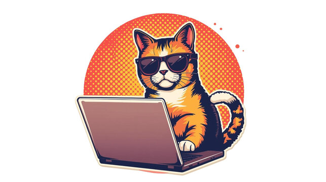 A cool calico cat wearing sunglasses diligently working on a laptop, a humorous and stylish pop art illustration concept for remote work and online culture
