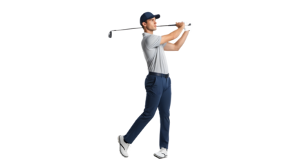Golf Swing Action by Male Golfer in Sport Apparel, Isolated White Background, Full-Body View, Athletic Outdoor Concept