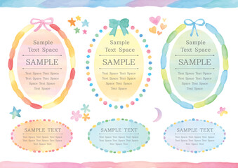 Soft Watercolor Oval Frame Set with Ribbons and Colorful Dots – Cute Pastel Design Elements