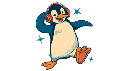 Cute cartoon penguin wearing headphones and dancing enthusiastically with stars in the background