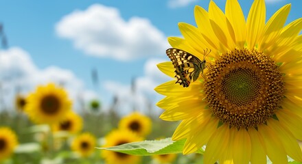 Butterfly on Sunflower in Field, Sunny Day