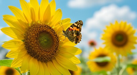 Sunflower Field with Painted Lady Butterfly