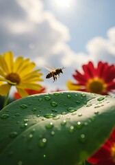 Bee Flight Over Dewy Leaf and Colorful Flowers