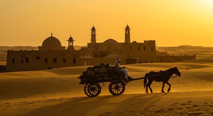 Desert Silhouette: Horse-Drawn Cart and Ancient Architecture at Sunset