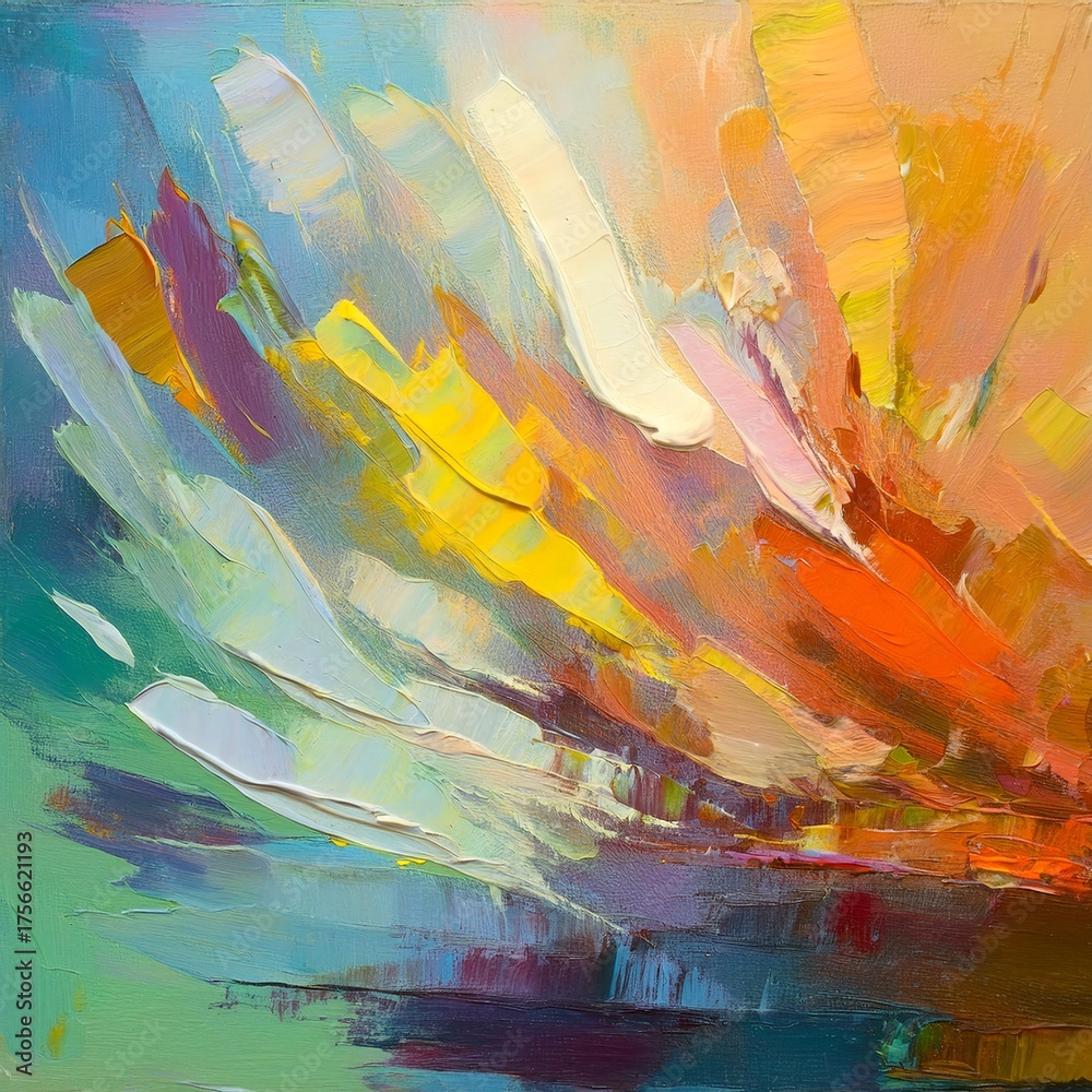 Wall mural the vibrant abstract painting features bold brushstrokes of warm and cool colors, creating a dynamic