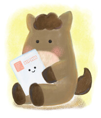 Cute horse holding a smiling New Year postcard – kawaii animal illustration for Japanese holiday greetings