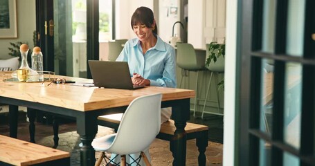 Online education, teacher and woman with laptop in home, virtual class or digital platform for remote work. Communication, elearning and mature educator with pc, video call and live lesson for course - Powered by Adobe