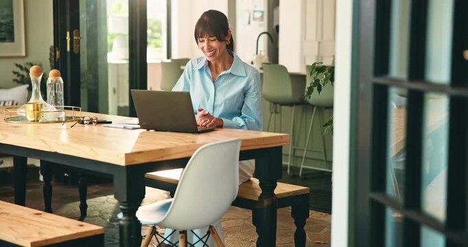 Online education, teacher and woman with laptop in home, virtual class or digital platform for remote work. Communication, elearning and mature educator with pc, video call and live lesson for course