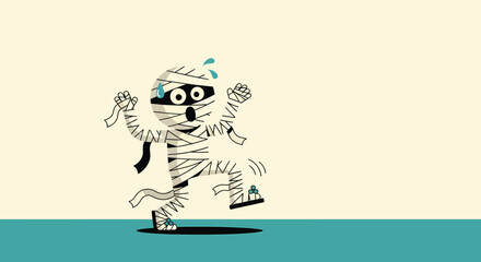 Cartoon mummy running in fear across a green floor with bandages unraveling, expressing panic and humor in a lighthearted style.